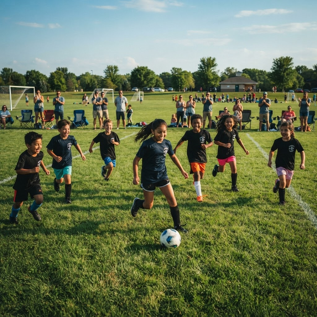 Kids playing recreational sports outdoors on a sunny day